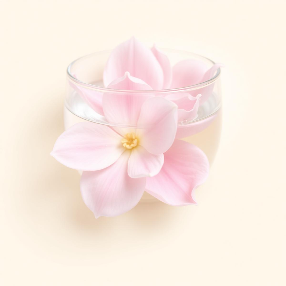 투명한 유리와 부드러운 꽃잎이 담긴 뷰티 이미지